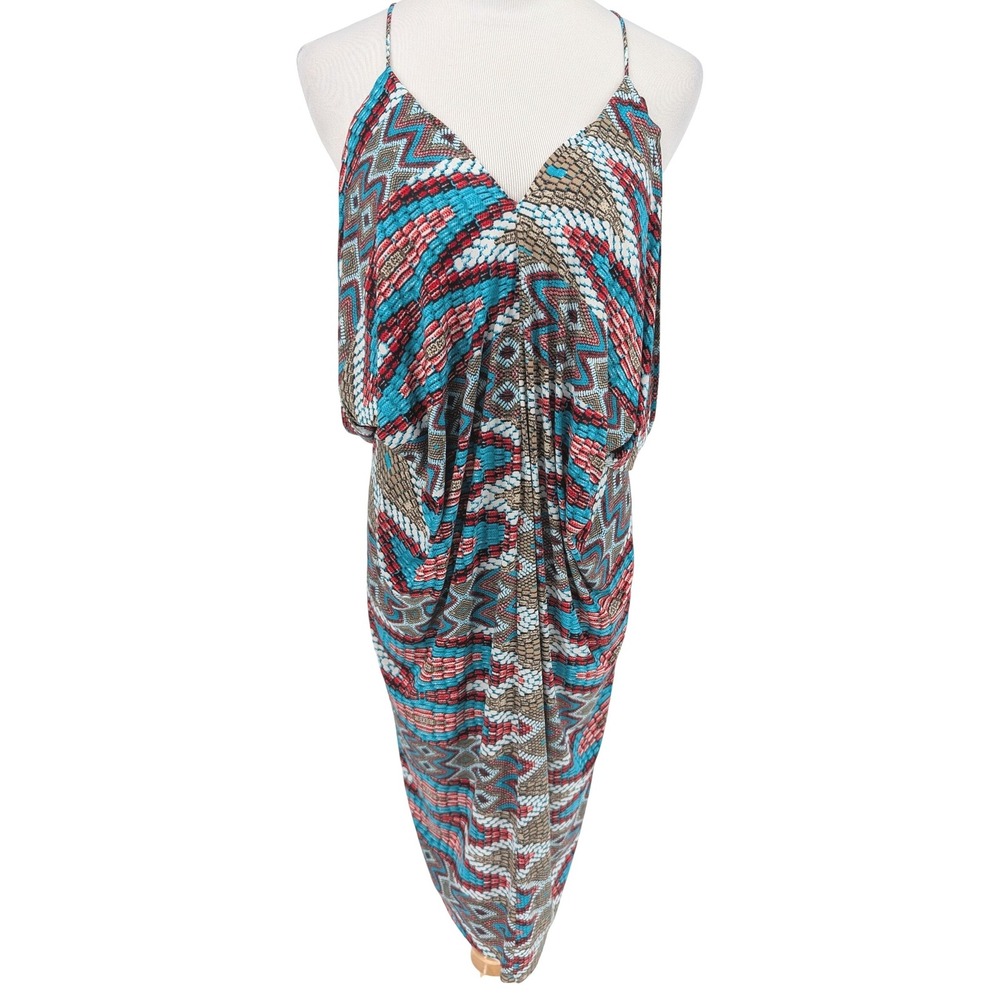 Misa Los Angeles Dress Womens S Blue Red Geometric Tribal Drape Front Resortwear